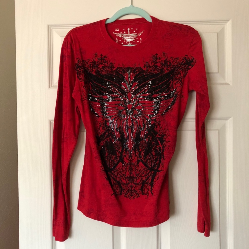 Rock and Roll Cowgirl Red Grungy Y2K Long sleeve top size medium